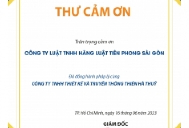 Thư cám ơn của Công ty TNHH Thiên Hà Thủy